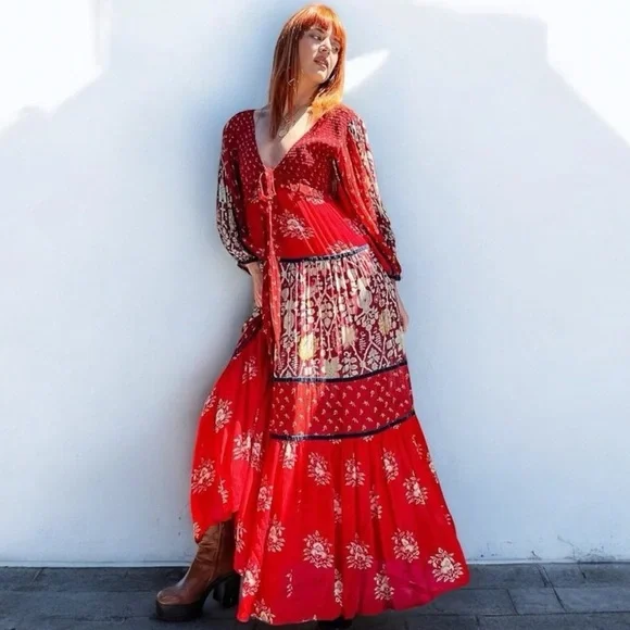 Free People Bali Laurel Bohemian Long Sleeve Red Maxi Dress - $298 - Picture 3 of 16